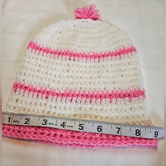 Hand Crafted Knitted beanie Handmade hat white & pink Stripes hand knit pom pom - Picture 17 of 17